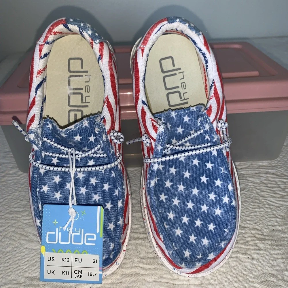 New! Hey Dude Wally Youth‎ Patriotic Stars Stripes Slip On Shoes US Size K12 12